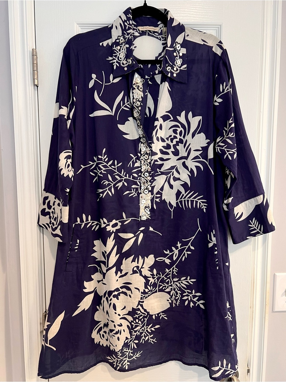 Soft Surroundings Embellished Navy and White Floral Midi Tunic Shirt Dress Sheer